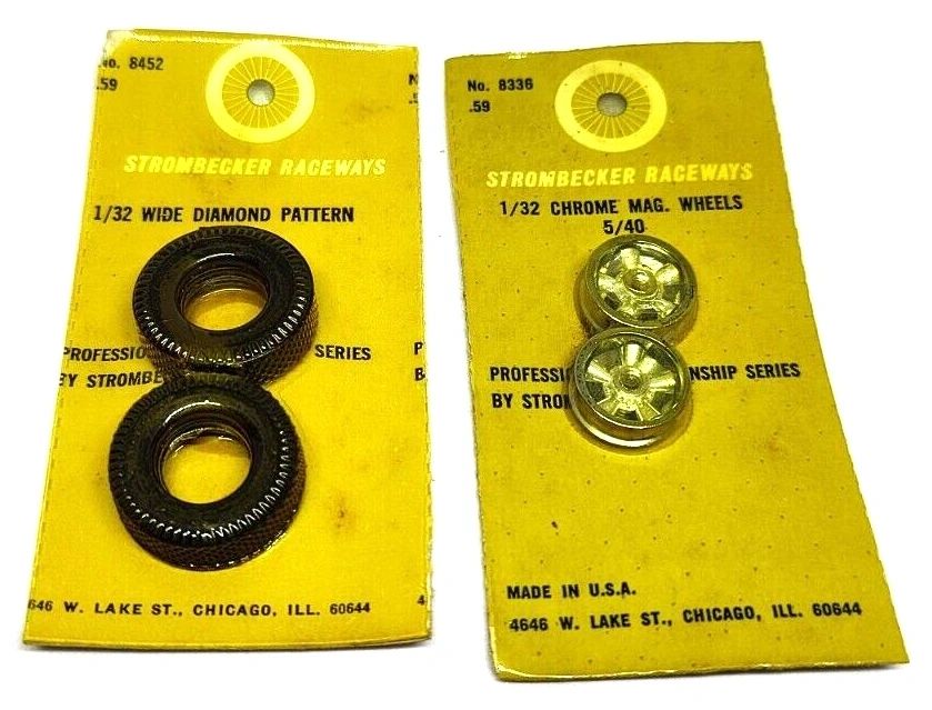 Tires – Strombecker vintage wheels #8336 & #8452 Diamond tires. 1" dia. X 5/16"