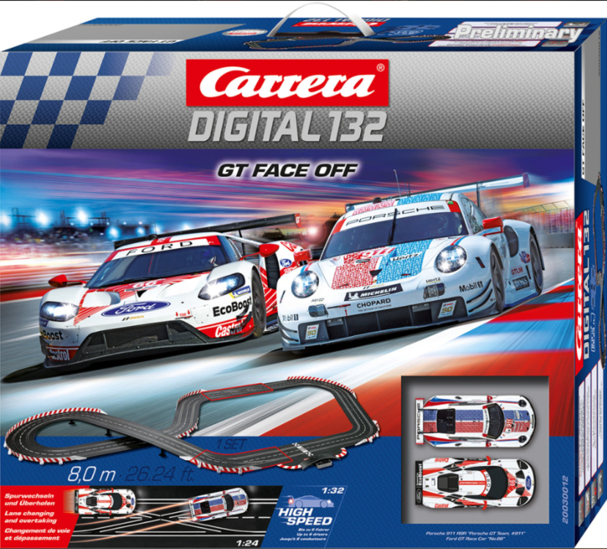 Carrera 30012 GT Face Off Digital 132 Porsche Ford Slot Car Set Lights