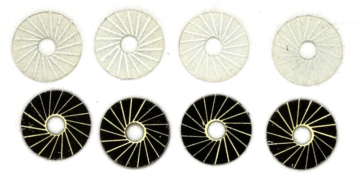 Vintage Spoke wheel inserts Aluminum & acetate.  .0475"OD  .125"ID  Set of four.
