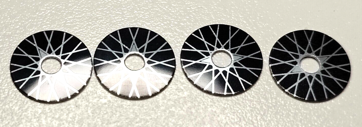 Vintage aluminum Spoke wheel inserts  1/2" OD  .1/8"ID  Set of four.