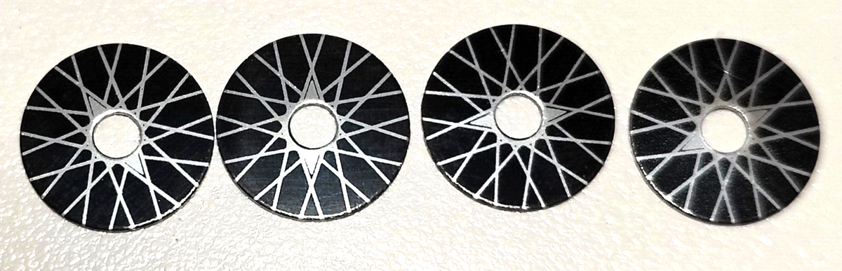 Vintage aluminum Spoke wheel inserts  1/2" OD  .1/8"ID  Set of four.