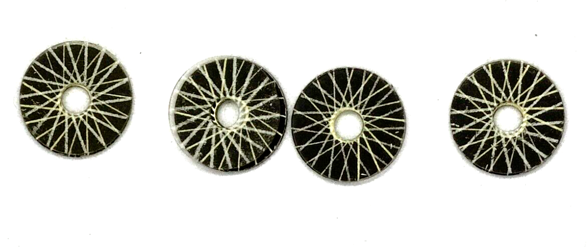 Vintage Spoke wheel inserts Aluminum & acetate.  .0475"OD  .125"ID  Set of four.