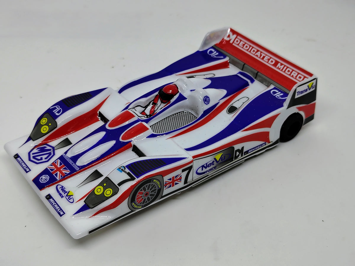 1/24 scale JK LMP MG Slot car with UK flag in ed white and blue colors 
