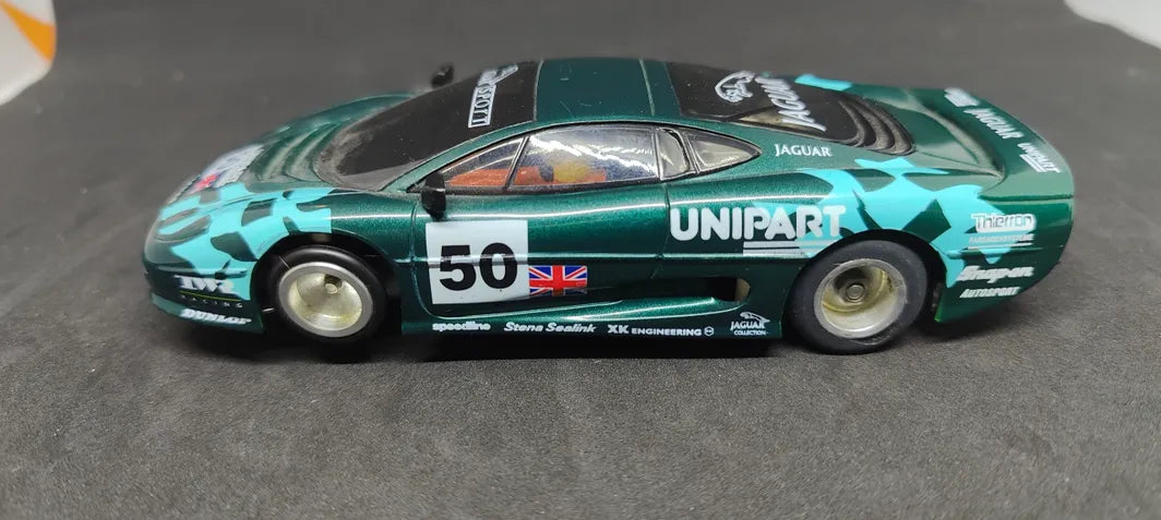 Prototype slot car. Scalextric Jaguar XJ220 on unknown aluminum chassis.