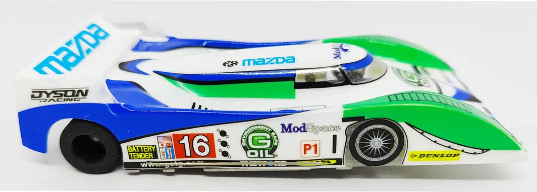 JK Cheetah Anglewinder steel 1/32 Slot Car - Mazda Dyson green, white, blue