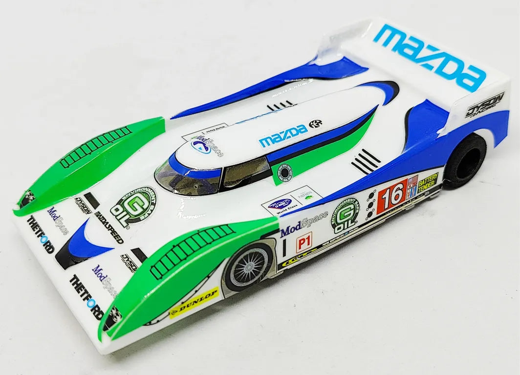 JK Cheetah Anglewinder steel 1/32 Slot Car - Mazda Dyson green, white, blue