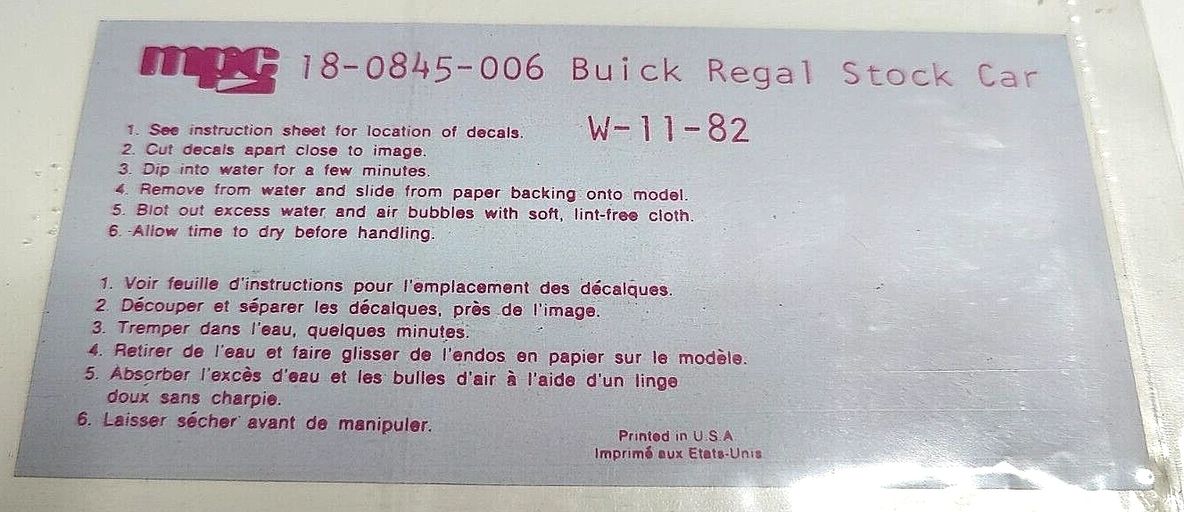 Decals, 1/24 scale waterslide decals MPC #58 Buick Regal Stock car