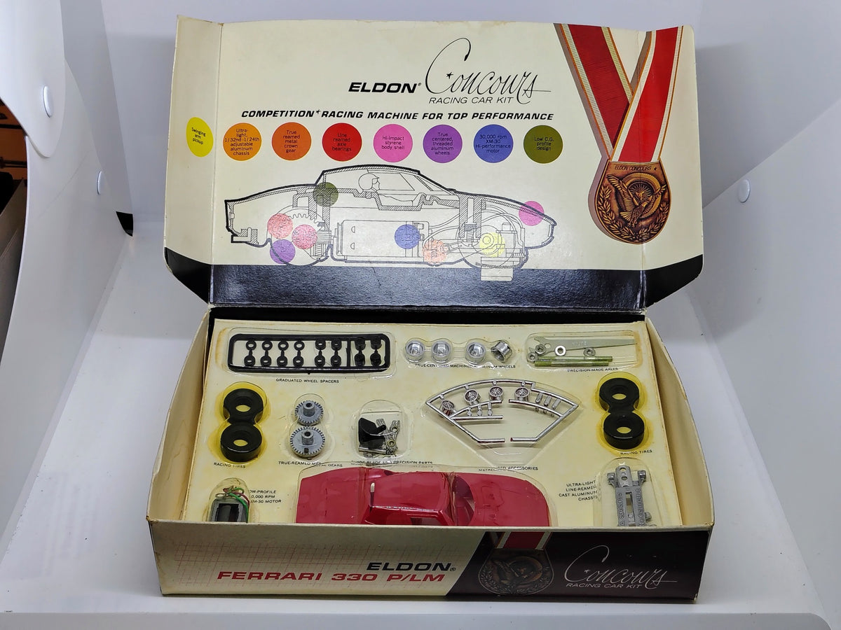 Vintage Eldon Concours Ferrari 330 P/LM 1/32 kit – actual contents, original box and paperwork