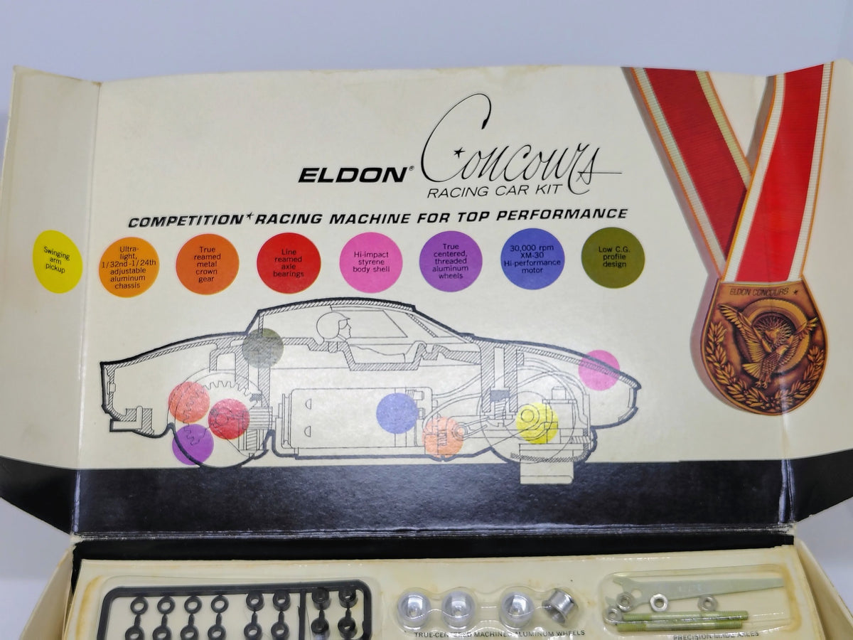 Vintage Eldon Concours Ferrari 330 P/LM 1/32 kit – actual contents, original box and paperwork