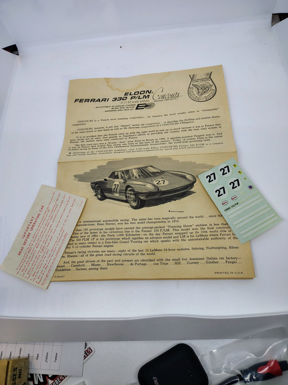 Vintage Eldon Concours Ferrari 330 P/LM 1/32 kit – actual contents, original box and paperwork