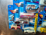Five left side original card Hot Wheels, customs and woodie wagons