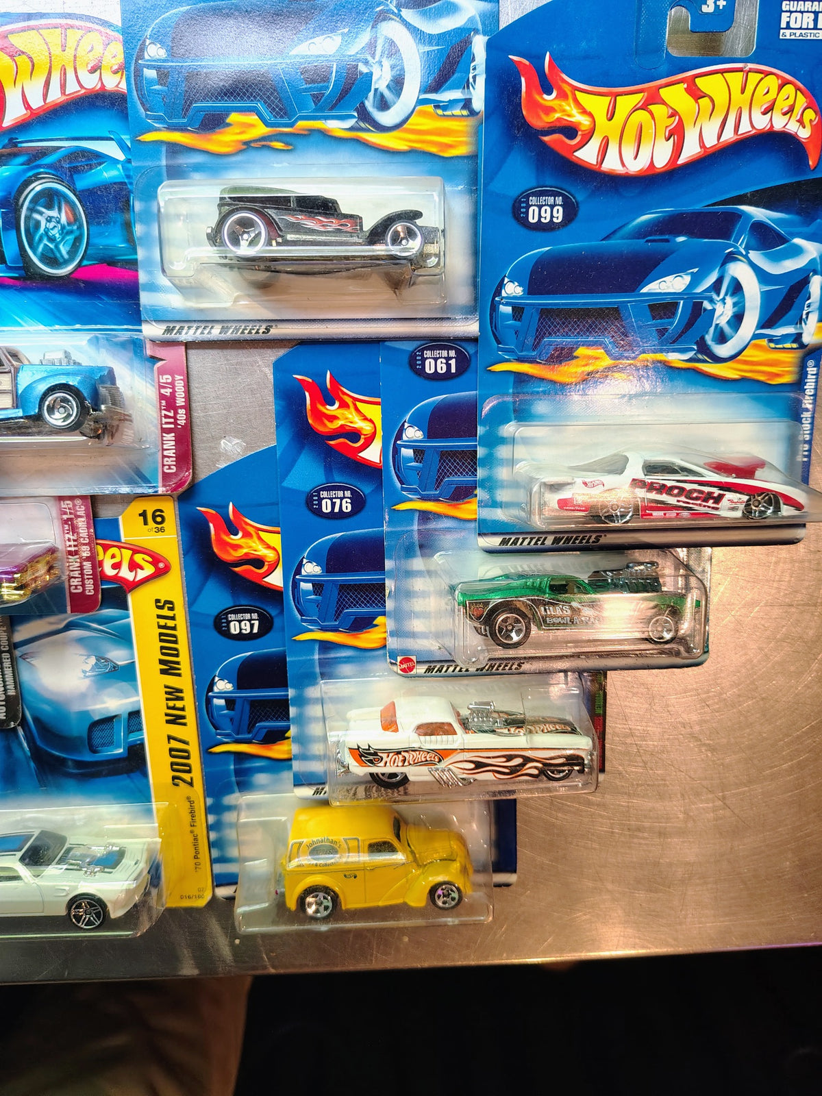 Five right side Hot Wheels collector blue card cars unopened