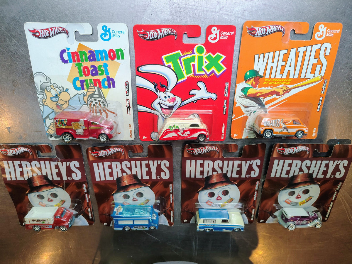 Models – Hot Wheels General Mills Cereal & Hershey's 7 Carded Cars Lot lot view