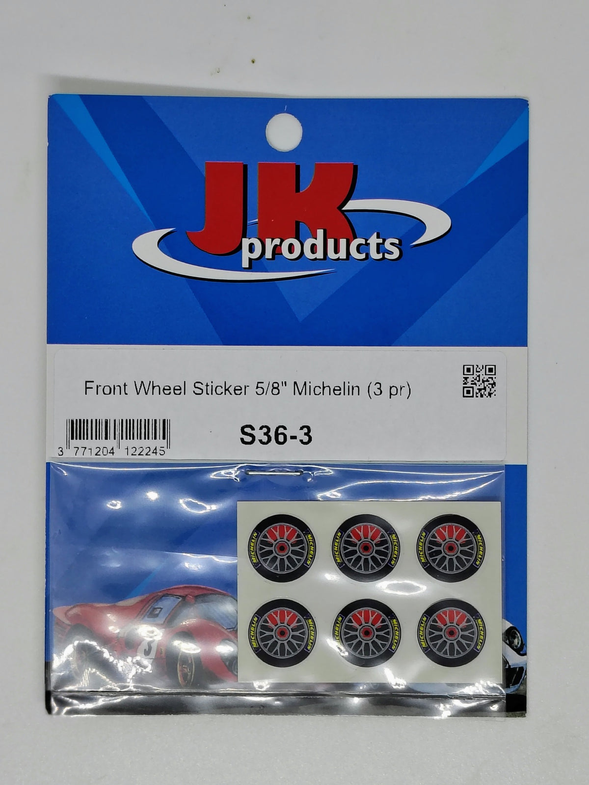 JK Products S36-3 5/8 inch Michelin front wheel stickers, 3 pairs, package