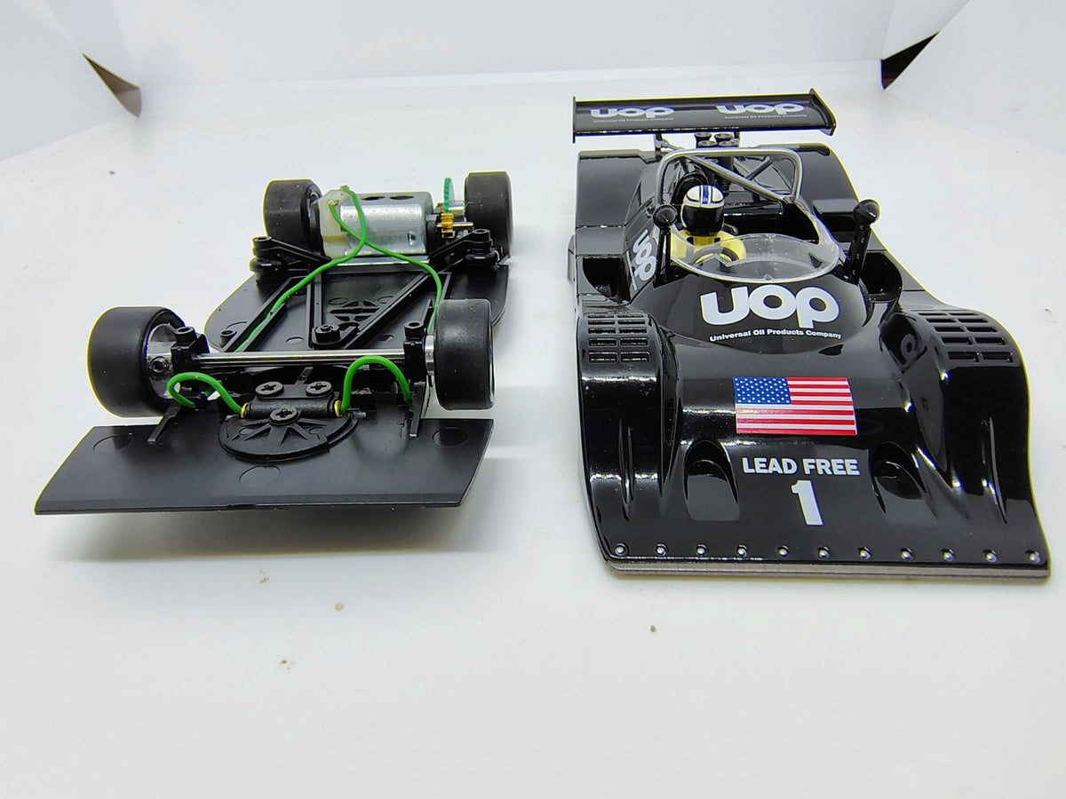 MR Slotcar MR1033 Shadow DN4 body removed beside complete chassis