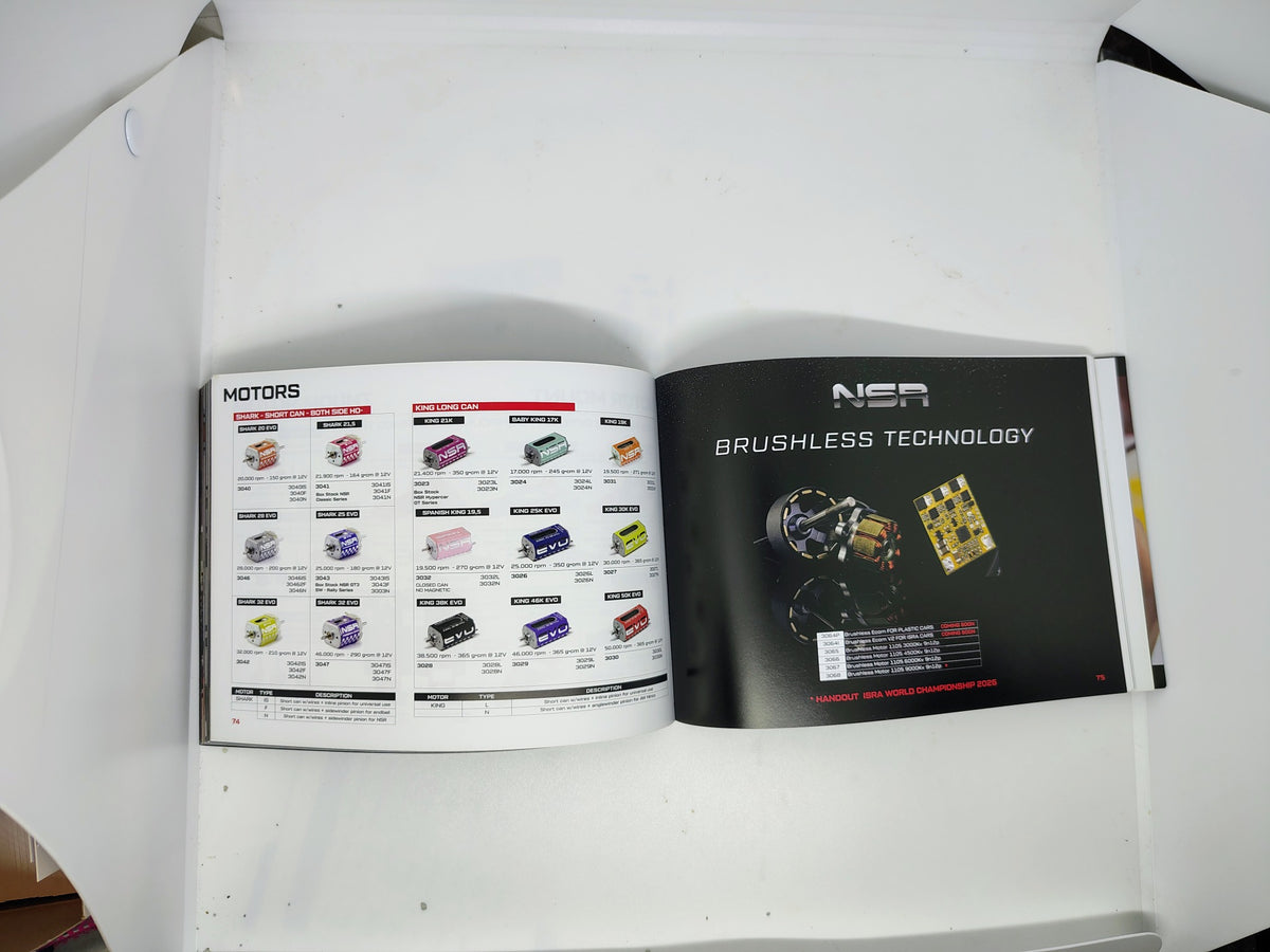 NSR 2026 catalog interior showing motors and brushless technology