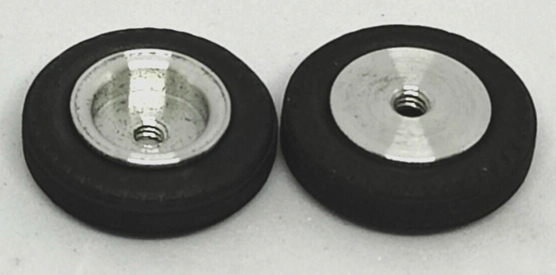 Wheels, vintage. 21mm dia. x 5.75mm wide. 13/16" X 3/16" 5-40 threaded axle.