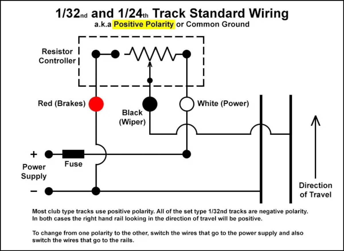 Positive polarity common-ground analog slot car controller wiring diagram