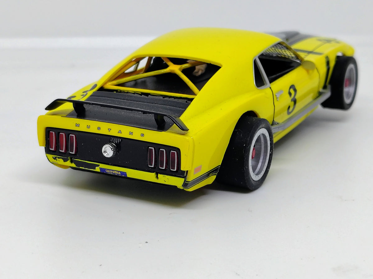 SLOTRAX custom Mustang #3 yellow rear quarter wide tires and spoiler