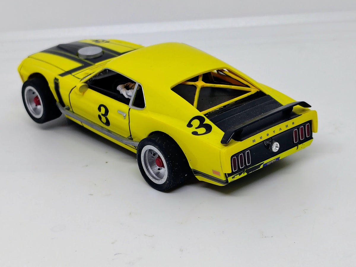 SLOTRAX yellow modified Mustang #3 racing wheels and wide stance