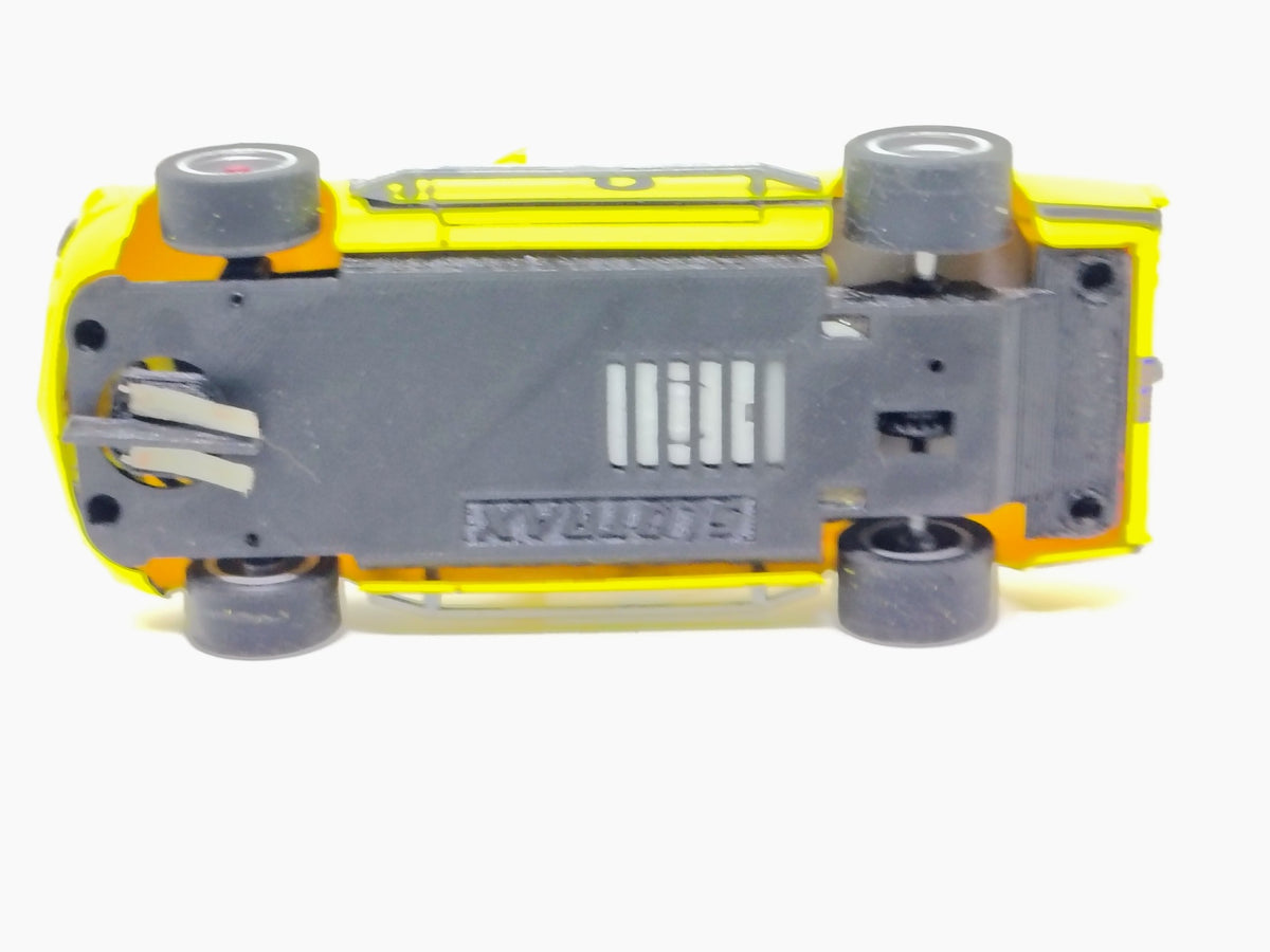 SlotTrax chassis detail and pickup guide of yellow #3 Mustang