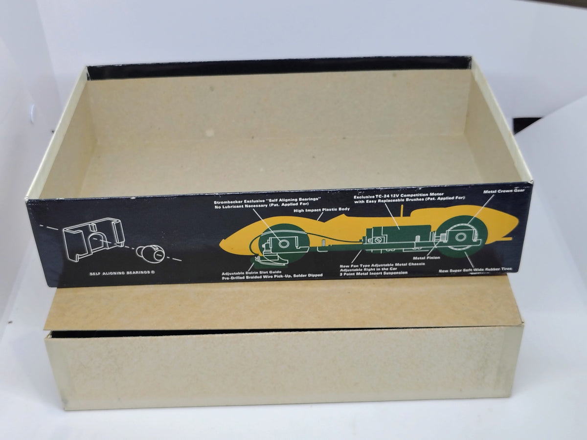 Strombecker Lotus 30 competition kit box side showing chassis and motor features