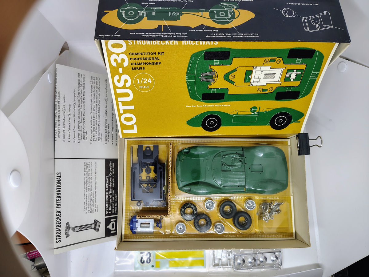 Strombecker Lotus 30 1/24 slot car kit with body chassis motor wheels tires and hardware