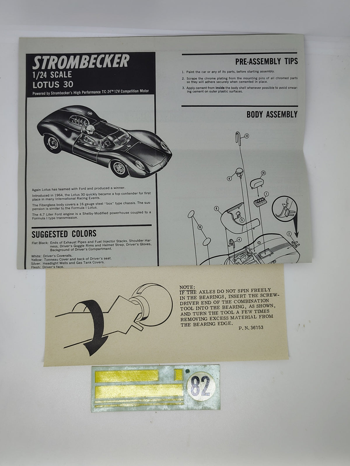 Original Strombecker Lotus 30 assembly instructions bearing tool card and number 82 decals