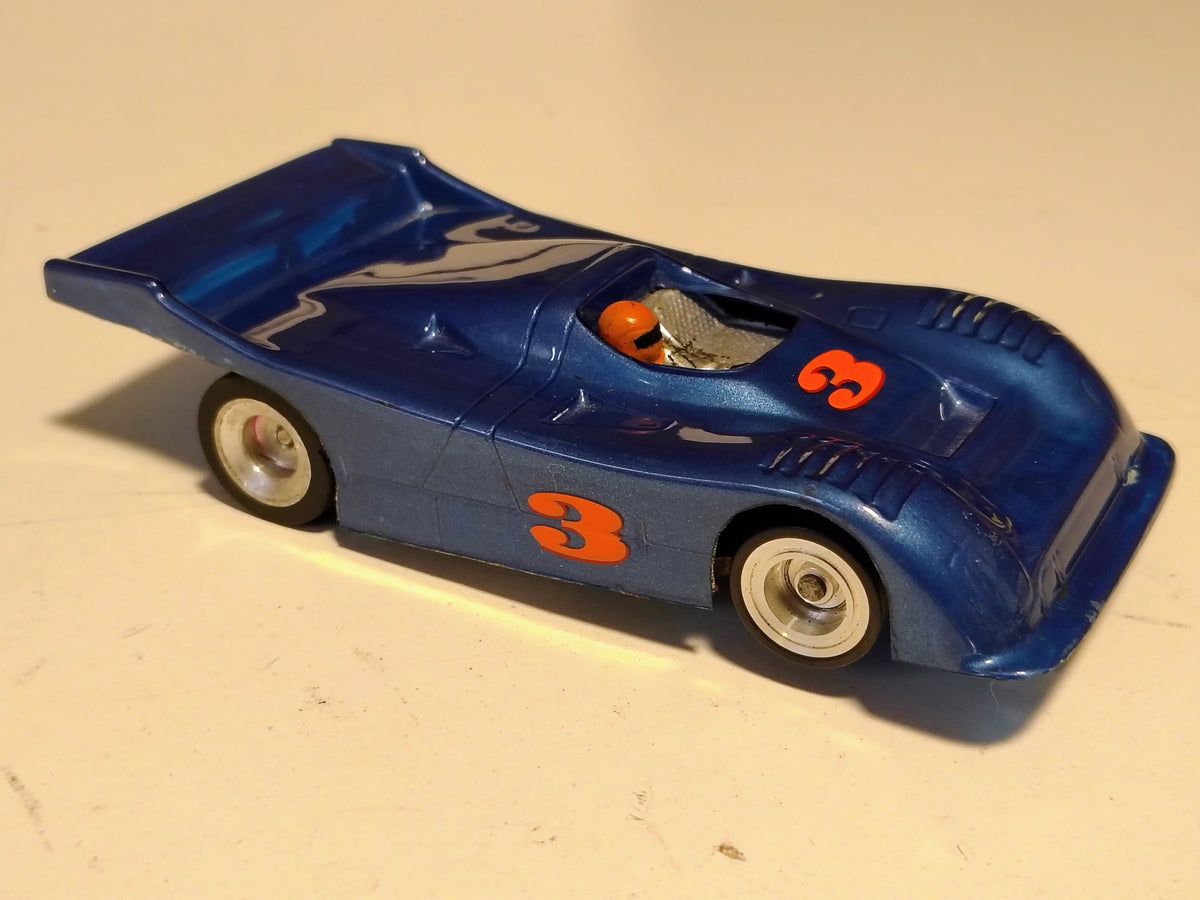 Blue #3 vintage 1/32 Can-Am slot car three-quarter view